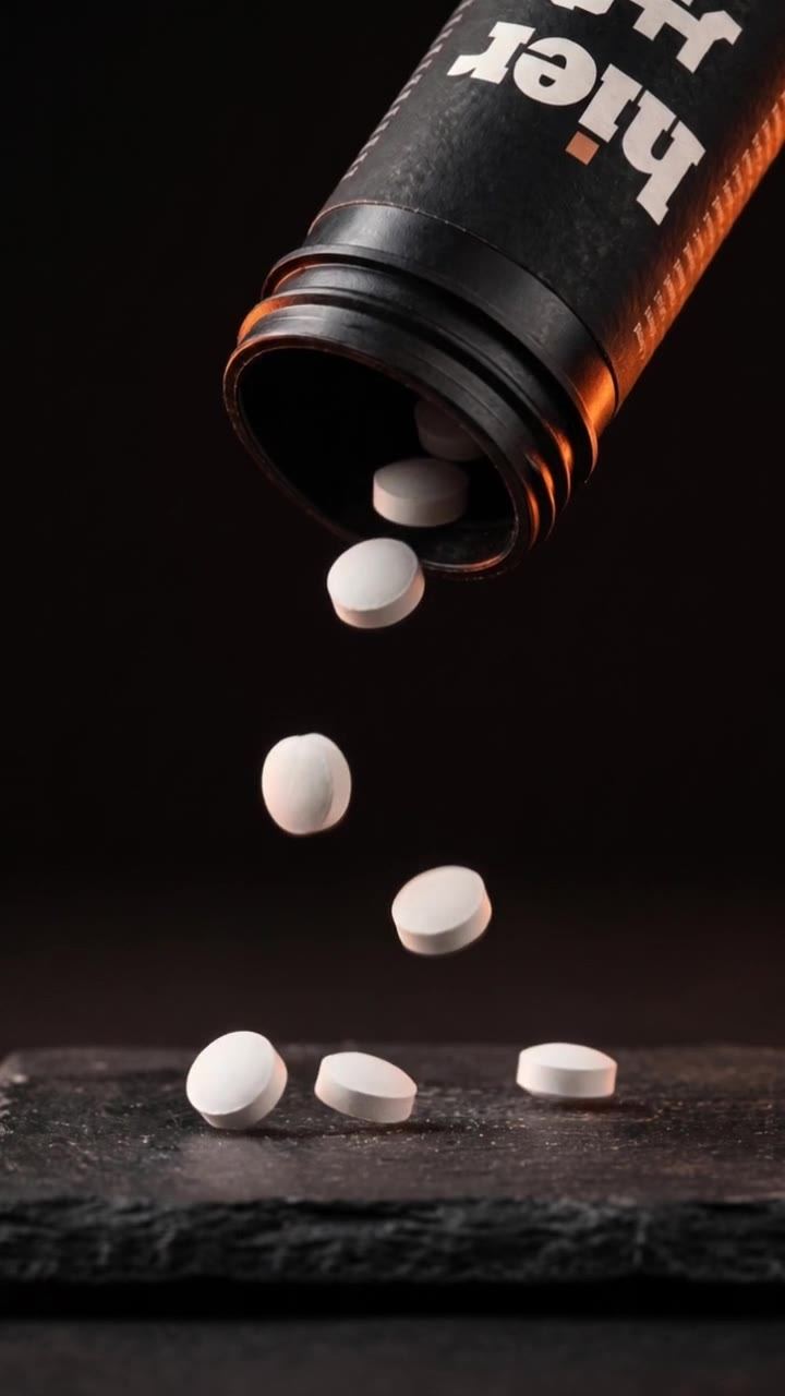 Tablets pouring from a hier bottle onto dark stone