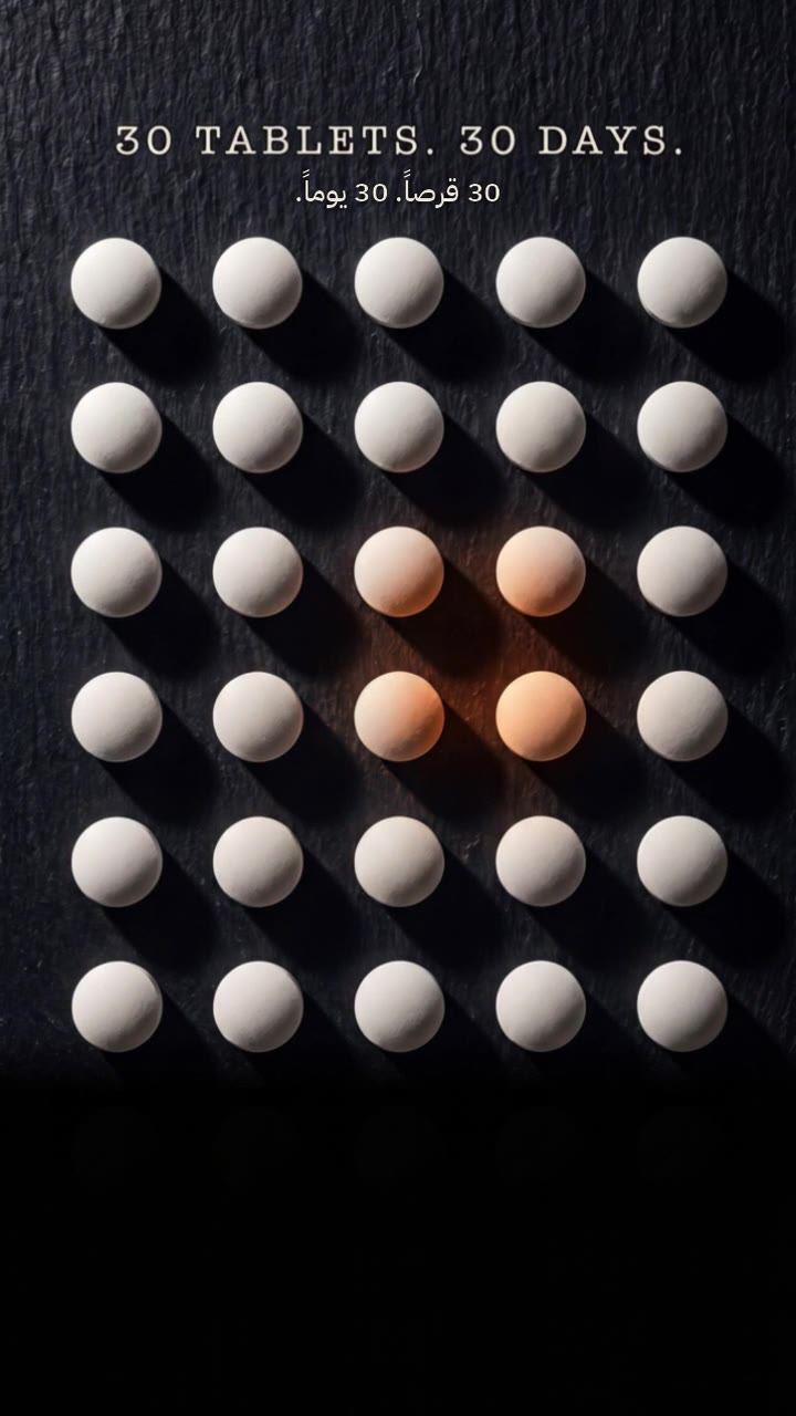 30 tablets laid out in a grid, one lighting up for each day